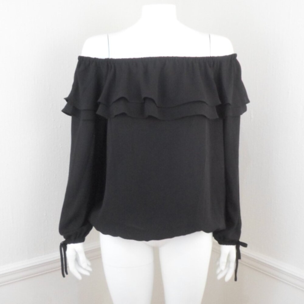 Michael Michael Kors Black Ruffle Off Shoulder Peasant Top Elastic Tie Cuff